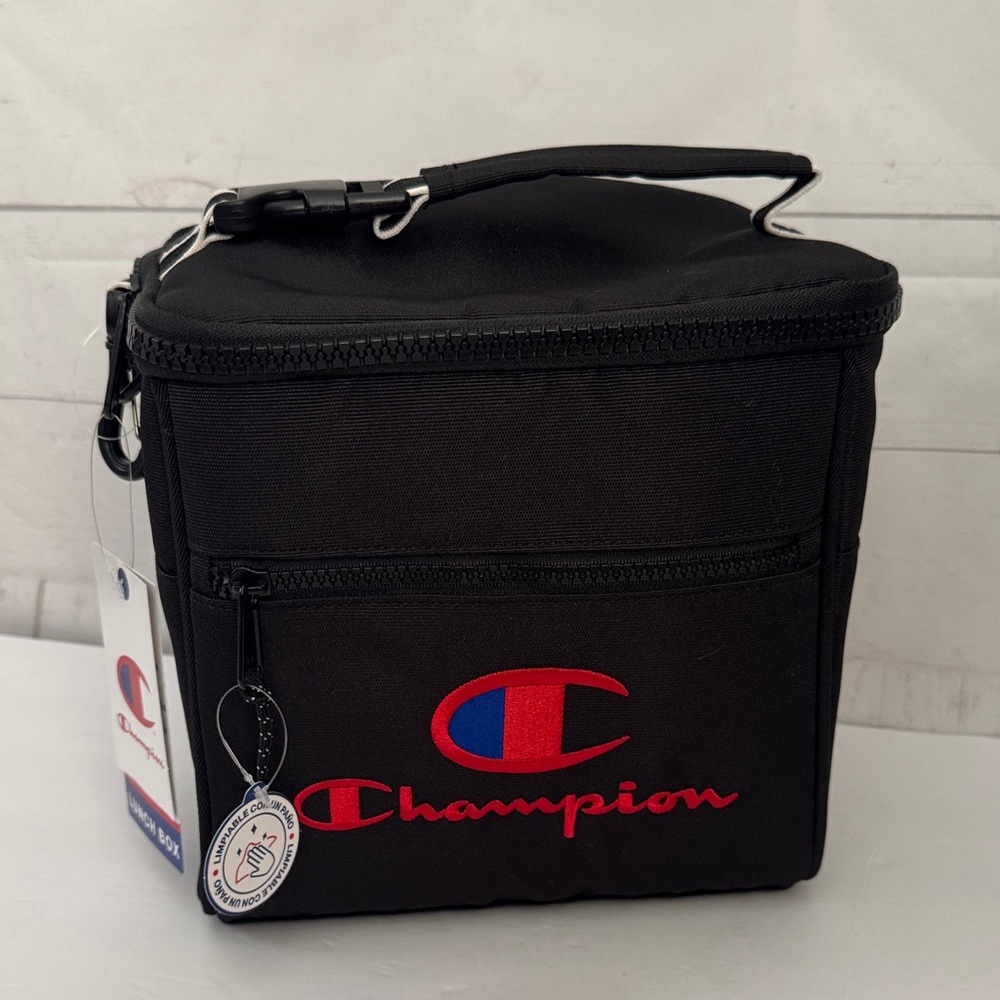 Champion Black Insulated Lunch Bag with Red & Blue Logo Shoulder Strap